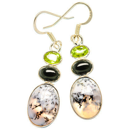 Sterling silver drop earrings with peridot, onyx, and white dendritic opal; fishhook style.