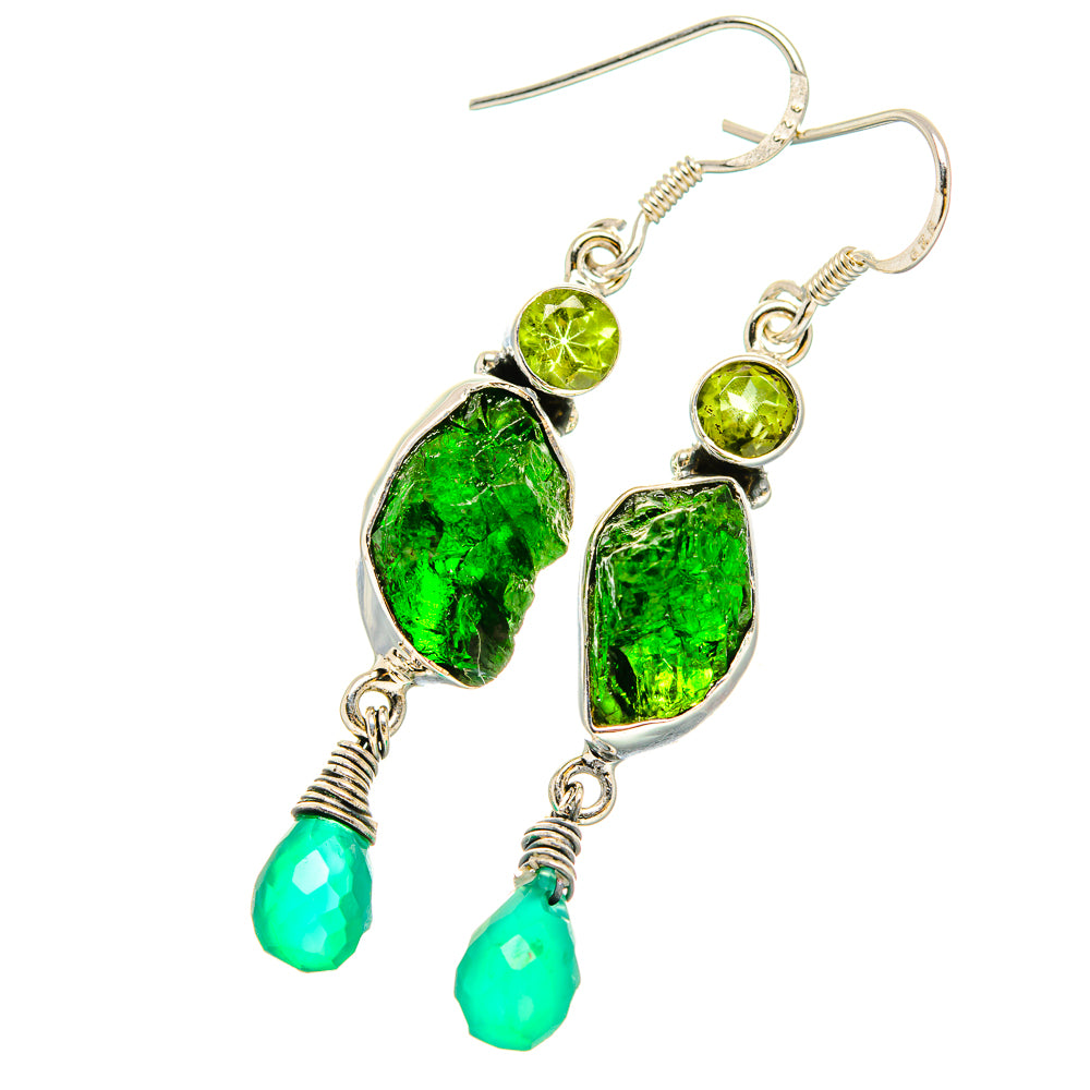 Green gemstone drop earrings in 925 sterling silver with rough green stones and teardrop beads