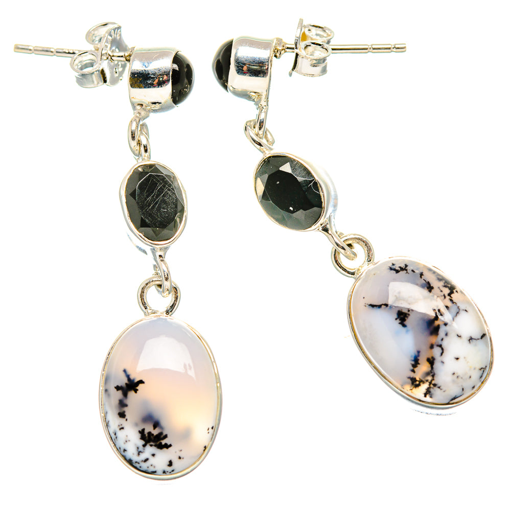 925 sterling silver drop earrings with black onyx ovals and dendritic opal teardrops