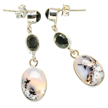 925 sterling silver drop earrings with black onyx ovals and dendritic opal teardrops