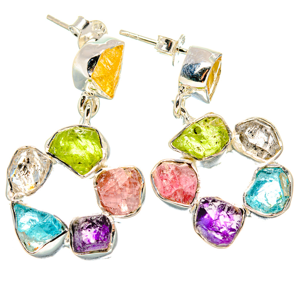 Pair of rough multi-stone sterling silver drop earrings with green, pink, purple, blue stones