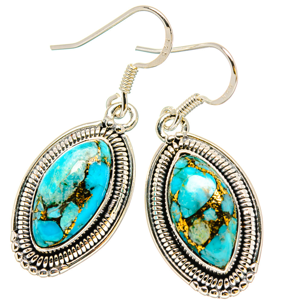 Turquoise oval dangle earrings in 925 sterling silver with hook backs
