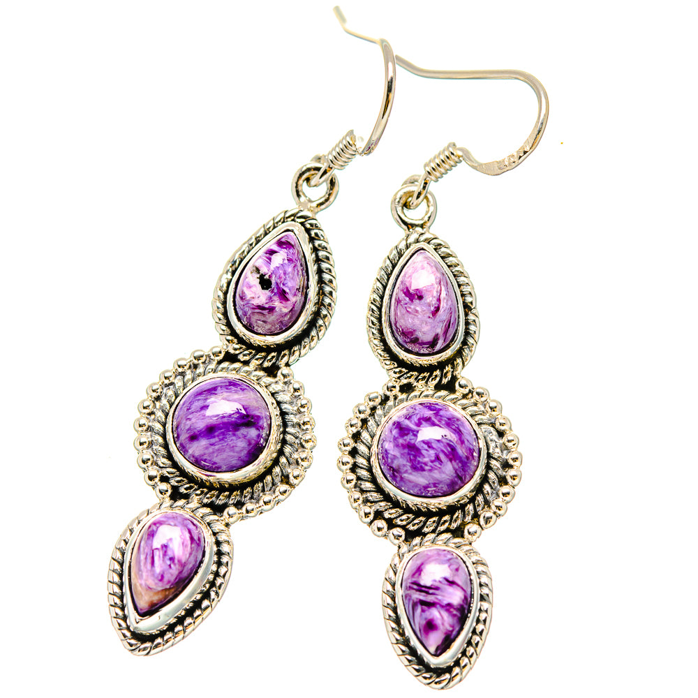 925 sterling silver charoite dangle earrings, three purple stones per earring with hook back