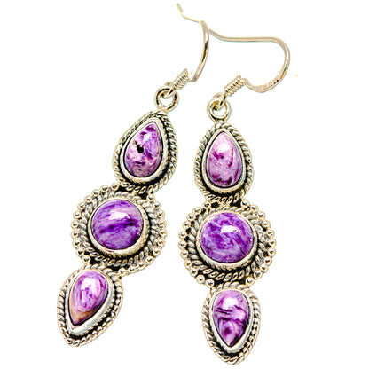925 sterling silver charoite dangle earrings, three purple stones per earring with hook back