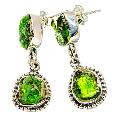 925 silver dangle earrings with rough green chrome diopside stones, oval frames