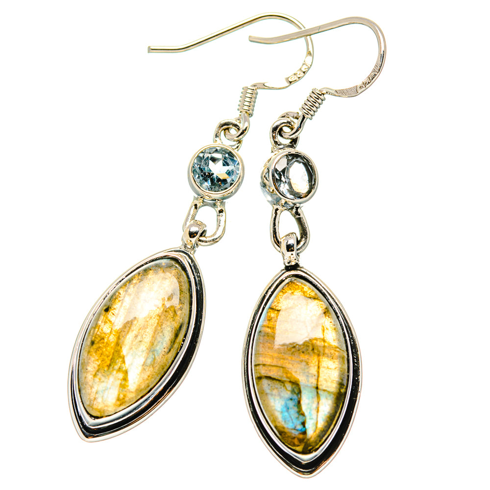 Sterling silver drop earrings with oval labradorite and blue topaz accents