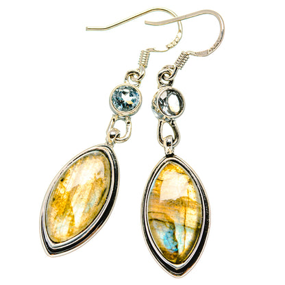 Sterling silver drop earrings with oval labradorite and blue topaz accents