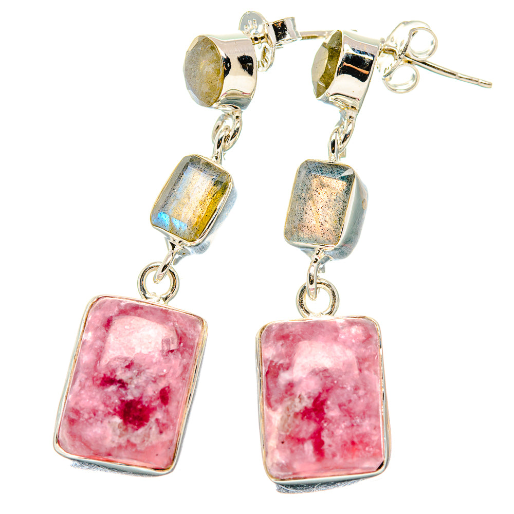 Sterling silver drop earrings with pink lepidolite rectangles and blue labradorite cubes