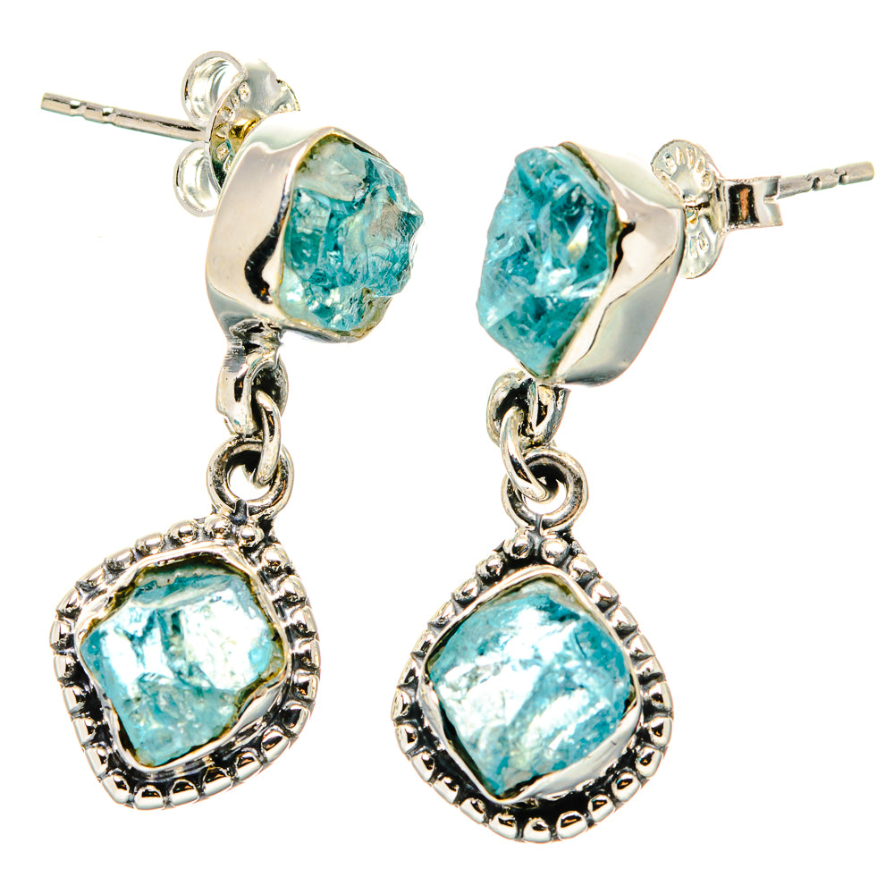 925 sterling silver apatite stud earrings with rough aqua stones and chain dangles