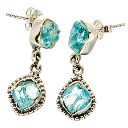 925 sterling silver apatite stud earrings with rough aqua stones and chain dangles