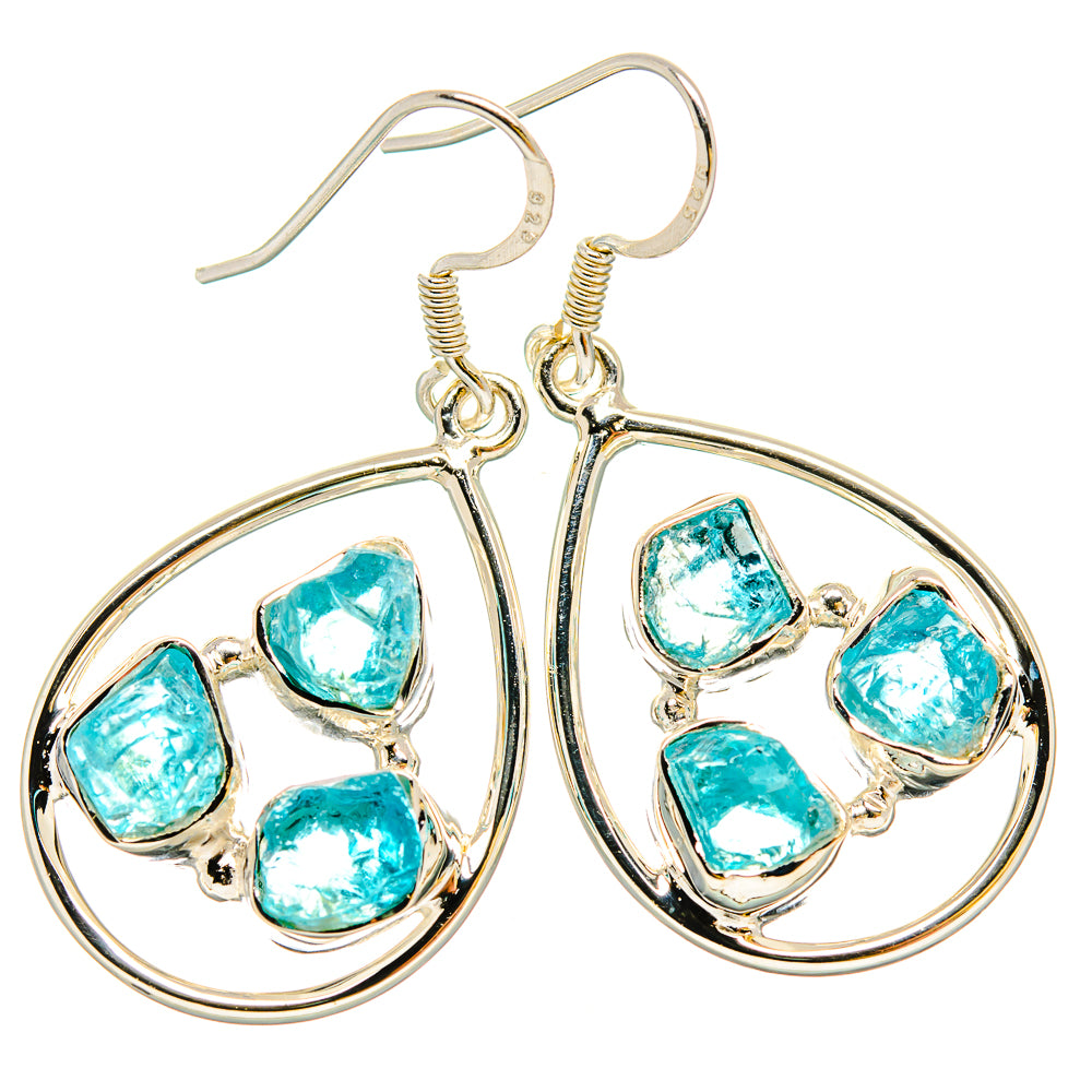 Rough apatite earrings, sterling silver hoops with multiple turquoise rough stones