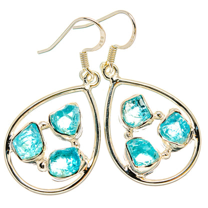 Rough apatite earrings, sterling silver hoops with multiple turquoise rough stones