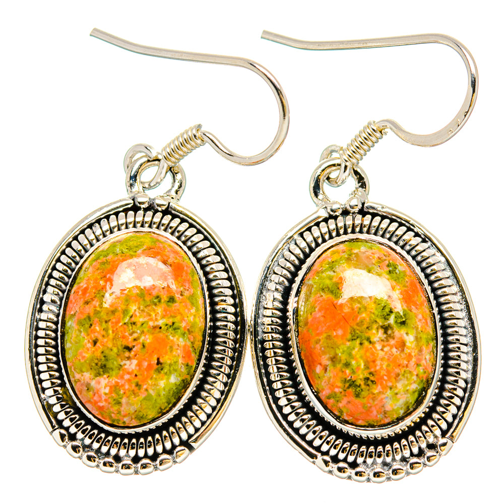 Sterling silver unakite drop earrings with oval gemstone cabochon and beaded frame