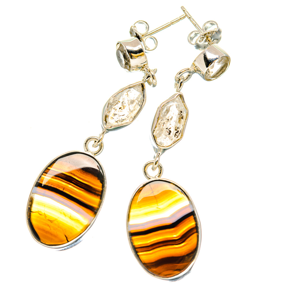 Sterling silver drop earrings with yellow striped agate and speckled clear quartz drops
