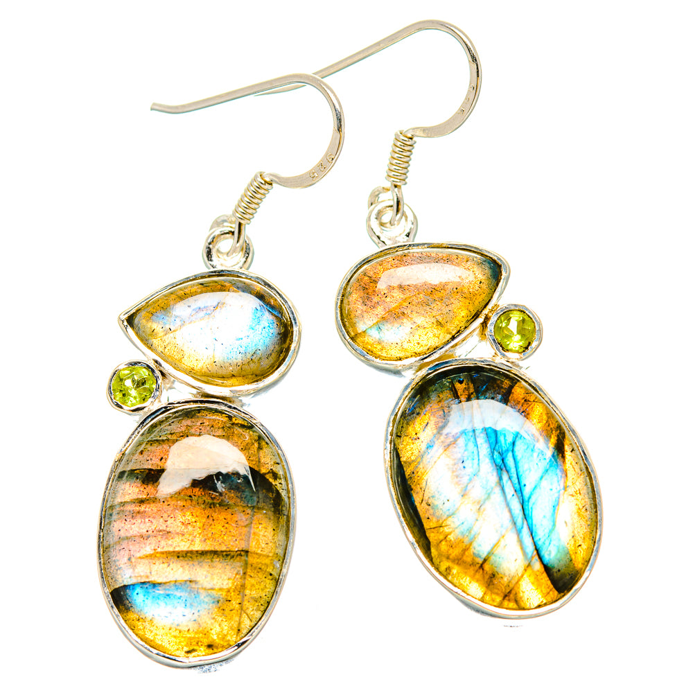 Sterling silver labradorite and peridot dangle earrings, oval stones and green drops