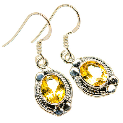 Sterling silver citrine drop earrings, faceted yellow stones, ornate settings, fishhook