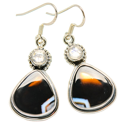 Sterling silver teardrop earrings with round opalescent accents and glossy black dangle