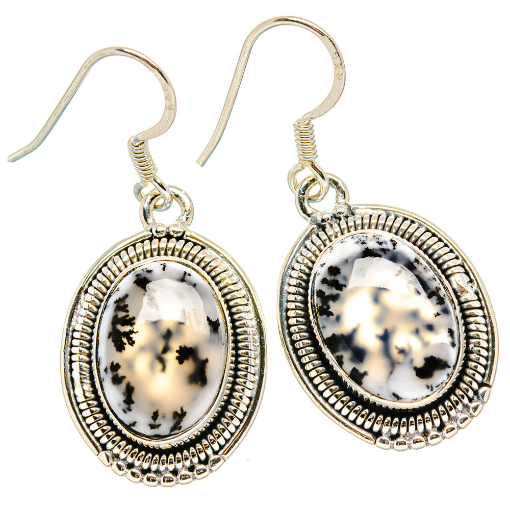 Sterling silver oval dendritic opal earrings with beaded halo bezel and fishhook settings