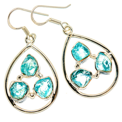 Sterling silver teardrop hoop earrings with 4 rough turquoise apatite cabochons
