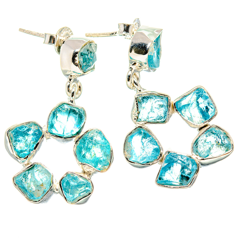 925 sterling silver apatite earrings with dangling rough blue-green square stones