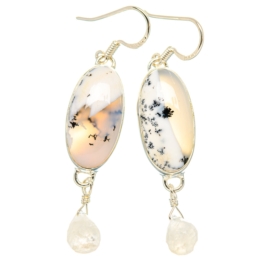 Dendritic opal and moonstone drop earrings, oval cabochon with sterling silver hooks