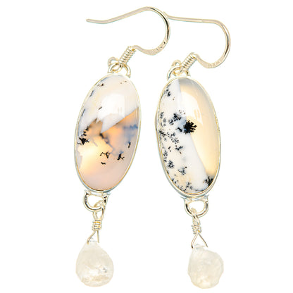 Dendritic opal and moonstone drop earrings, oval cabochon with sterling silver hooks