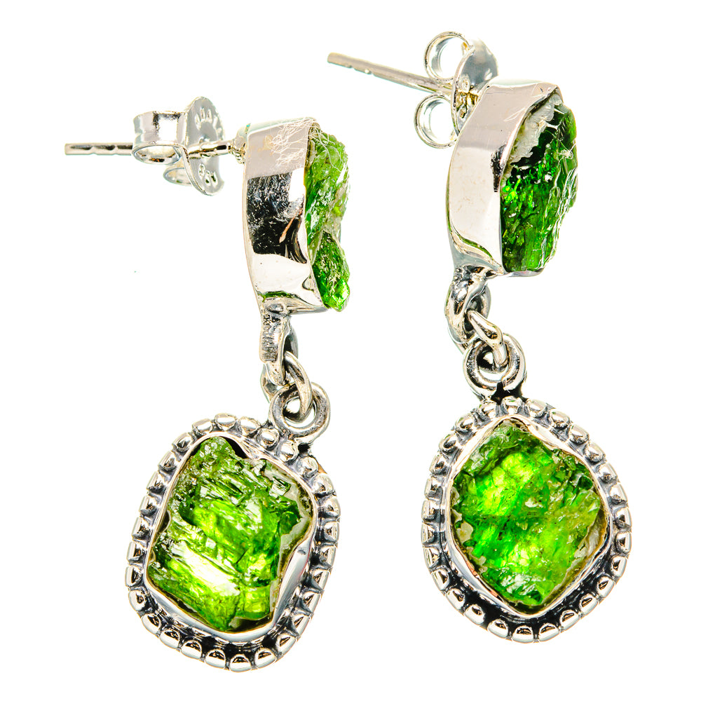 Sterling silver earrings with rough green diopside studs and dangling drop charms