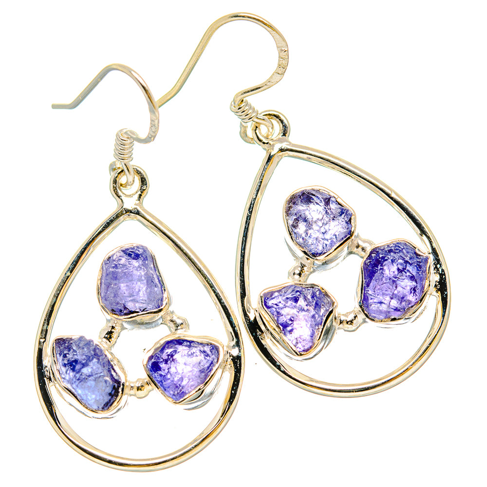 Sterling silver teardrop earrings with rough purple tanzanite cluster, hook backs
