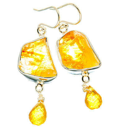 Sterling silver rough citrine drop earrings with teardrop stones and small dangling beads