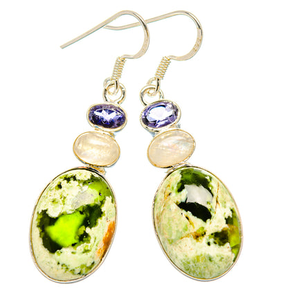 Sterling silver dangle earrings with purple cabochon, round opal-like stone, and green oval drop