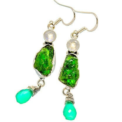 Sterling silver dangle earrings with green rough stones, moonstone-like cabochons