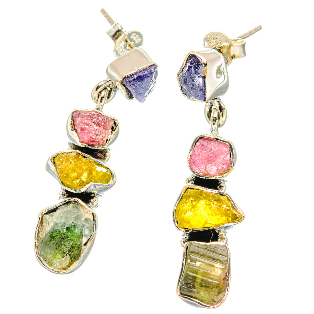 Rough multi-stone drop earrings, 925 sterling silver, purple pink yellow green