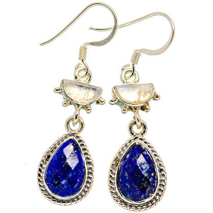 Silver drop earrings with moonstone-like tops and blue lapis teardrop stones