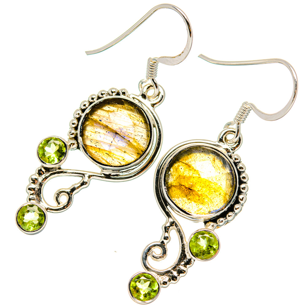 Sterling silver drop earrings with round yellow labradorite and green peridot accents