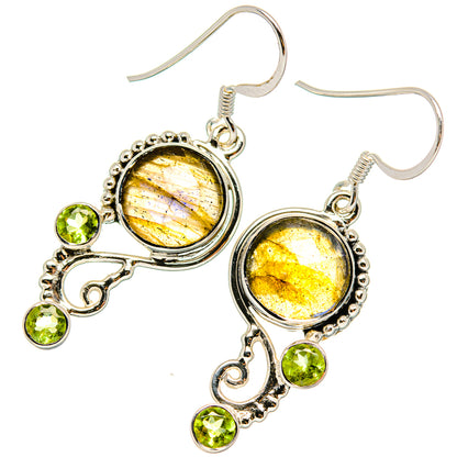 Sterling silver drop earrings with round yellow labradorite and green peridot accents