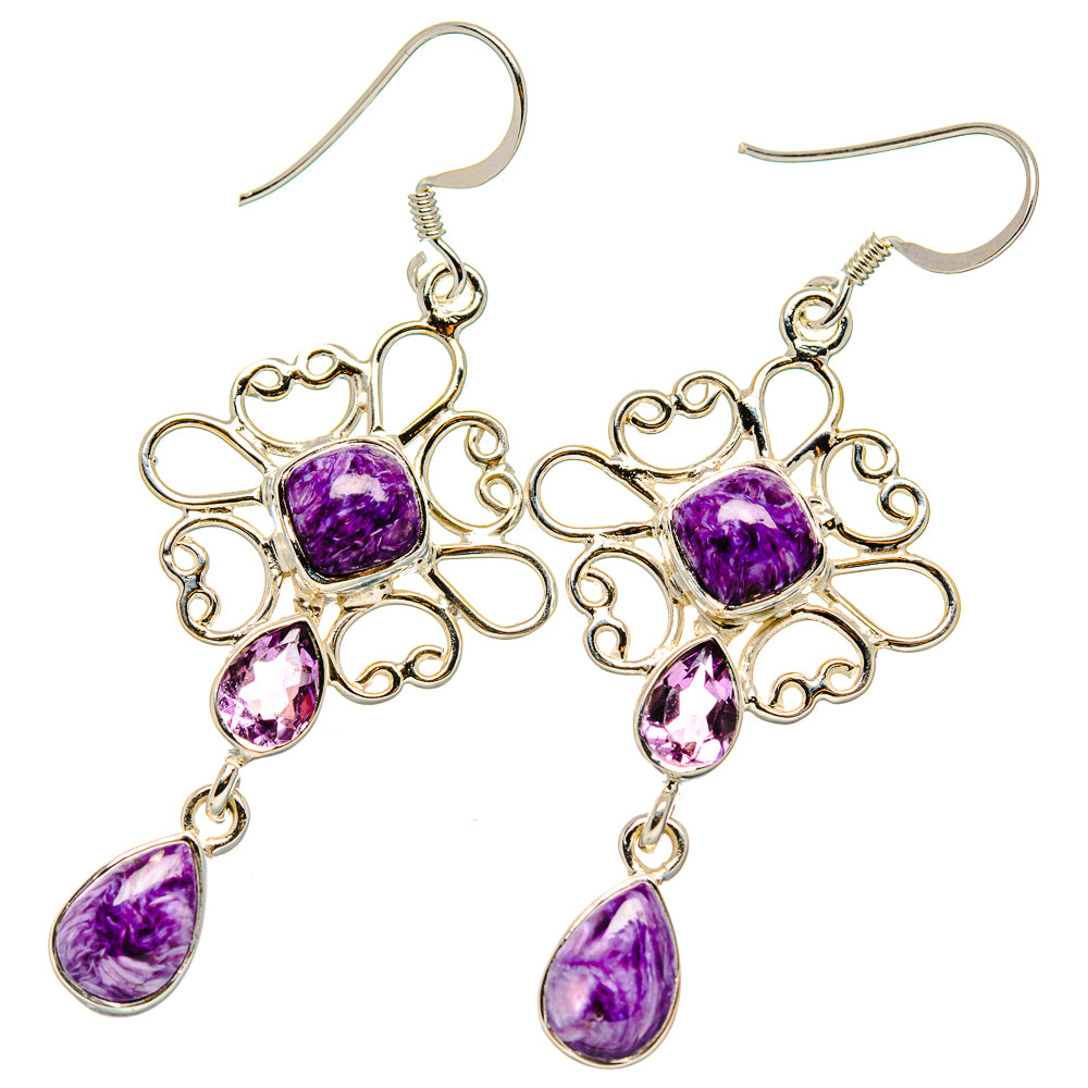 Sterling silver amethyst drop earrings, ornate floral filigree with teardrop dangles
