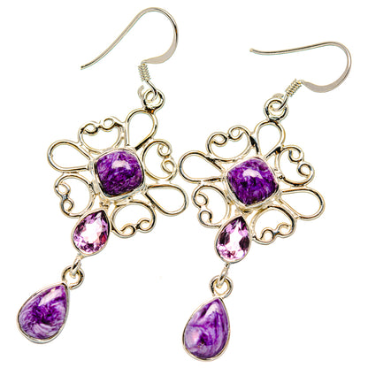 Sterling silver amethyst drop earrings, ornate floral filigree with teardrop dangles