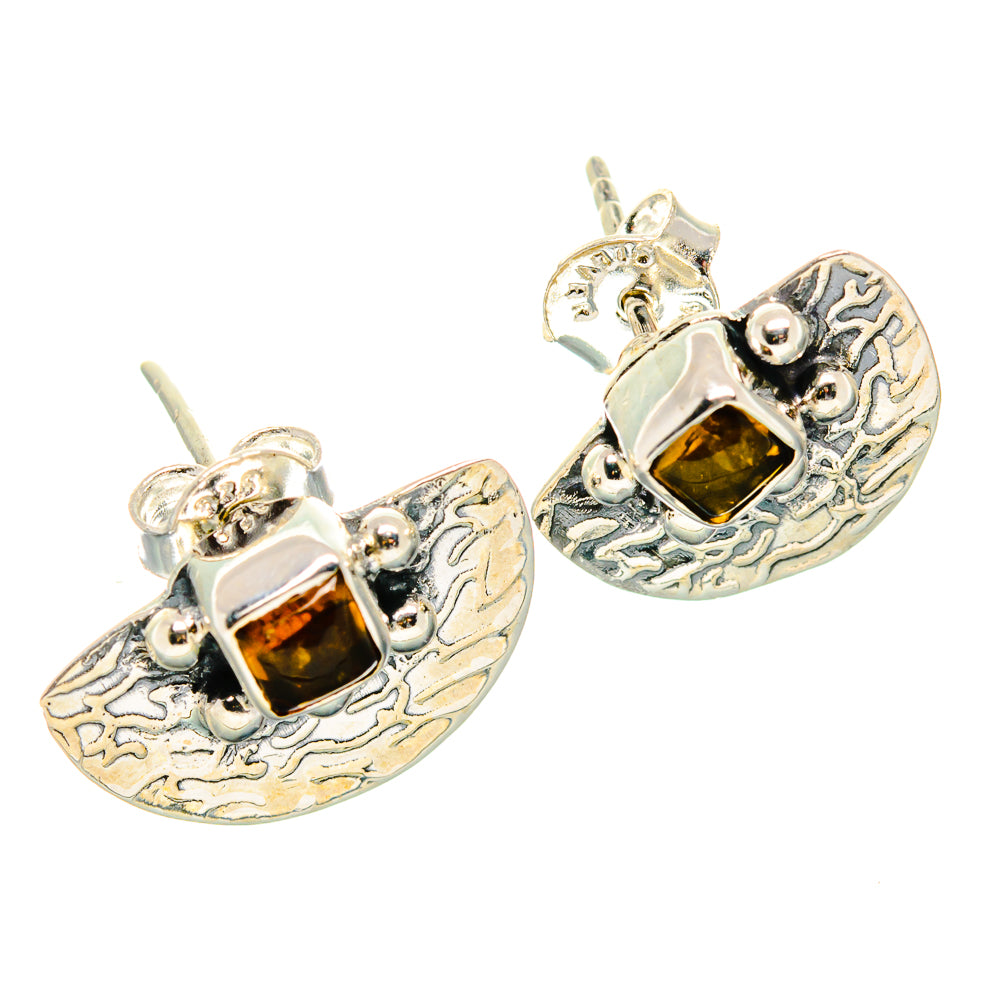 925 sterling silver citrine stud earrings with square amber stones and filigree heart shapes