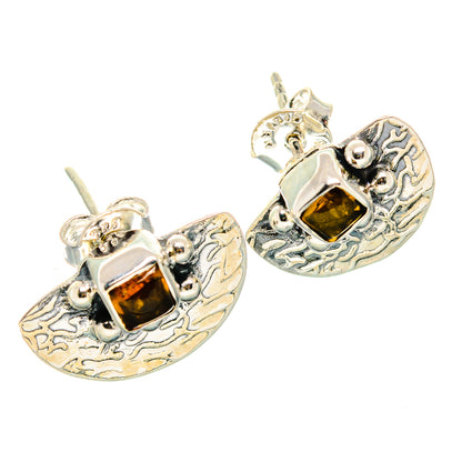 925 sterling silver citrine stud earrings with square amber stones and filigree heart shapes