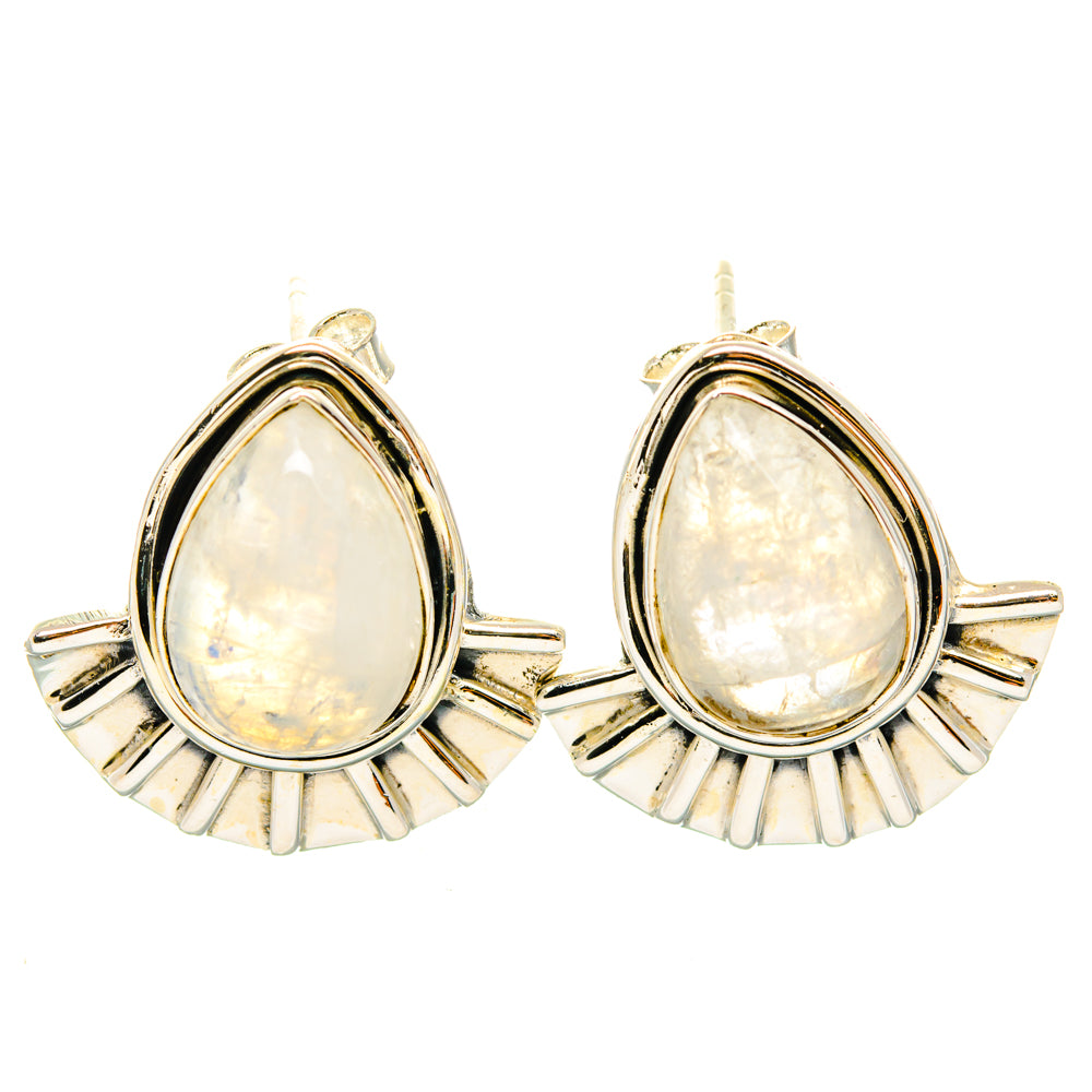 Sterling silver teardrop moonstone stud-and-drop earrings with fan rays beneath stone