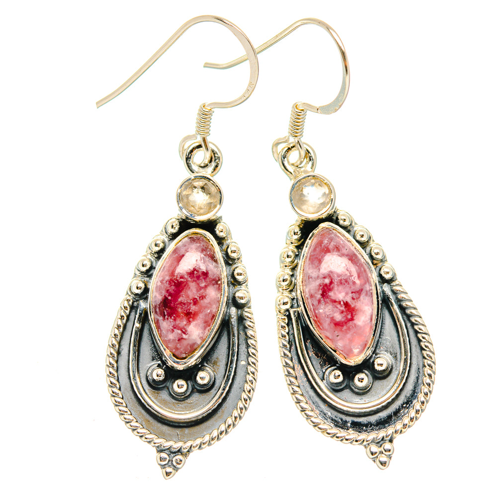 925 sterling silver earrings with pink teardrop gemstones and ornate metal frames