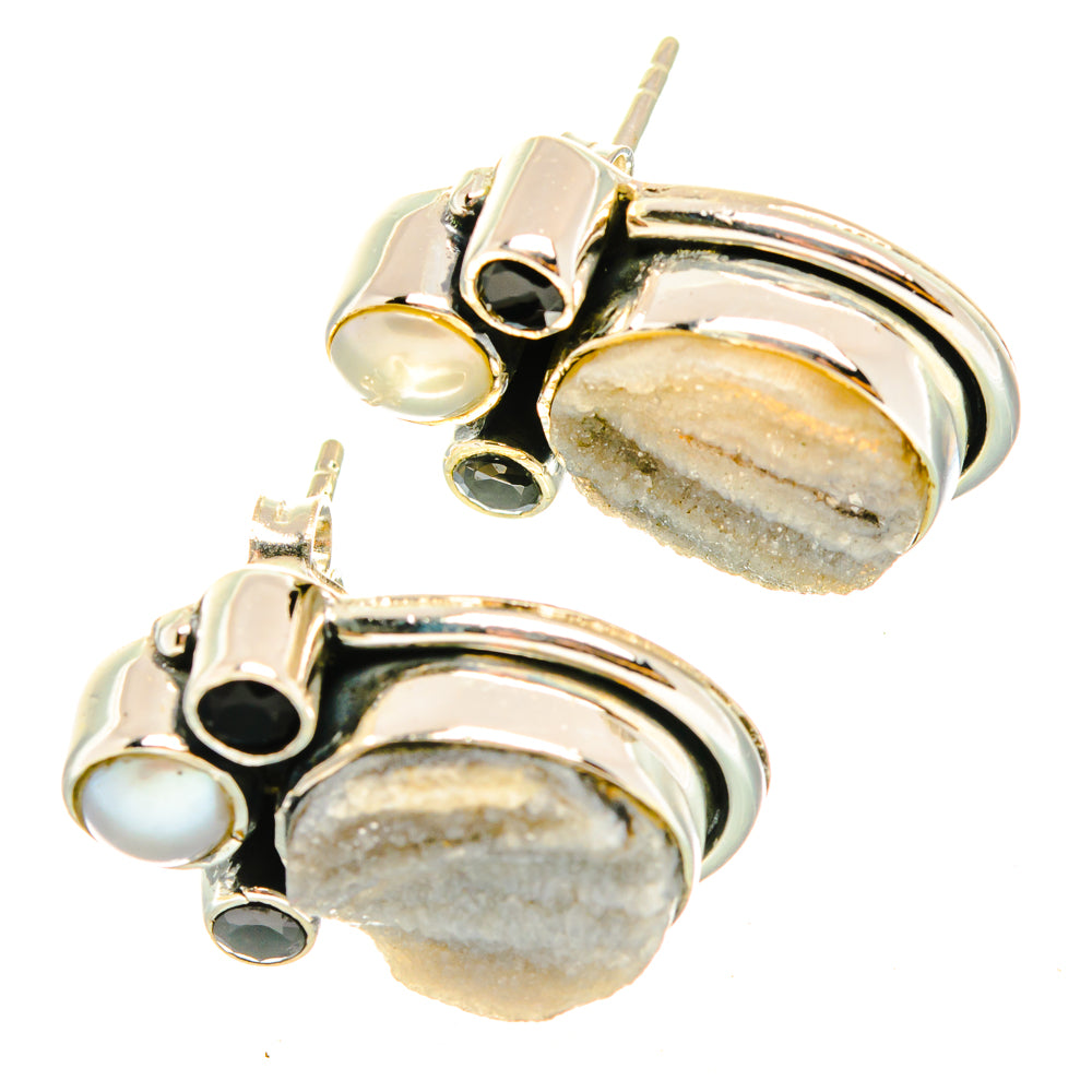 Desert Druzy, Black Onyx, Cultured Pearl Earrings handcrafted by Ana Silver Co - EARR428576 - Photo 2