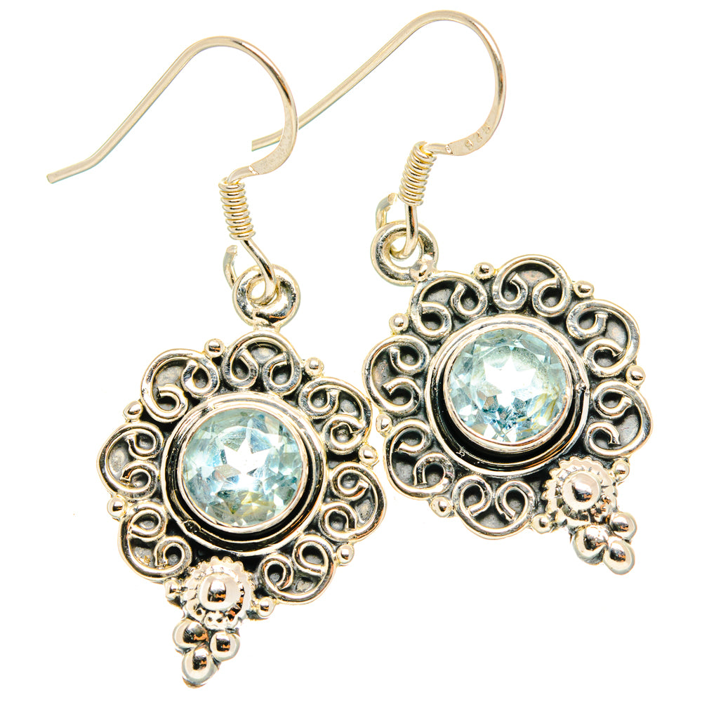 Blue topaz filigree drop earrings in sterling silver, round blue stones, chandelier style