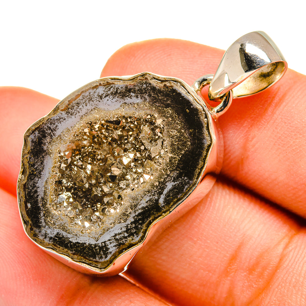 Pyrite geode slice pendant with gold glitter center, silver bezel and bail