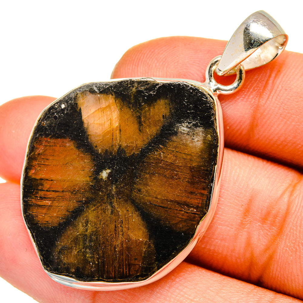 Chiastolite pendant in sterling silver bezel with teardrop black-and-gold stone