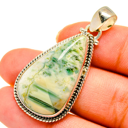 Sterling silver ocean jasper teardrop pendant close-up, green veining on light stone