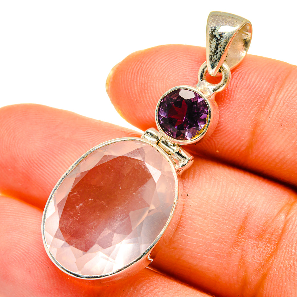 Sterling silver pendant with oval rose quartz and round amethyst in bezel settings