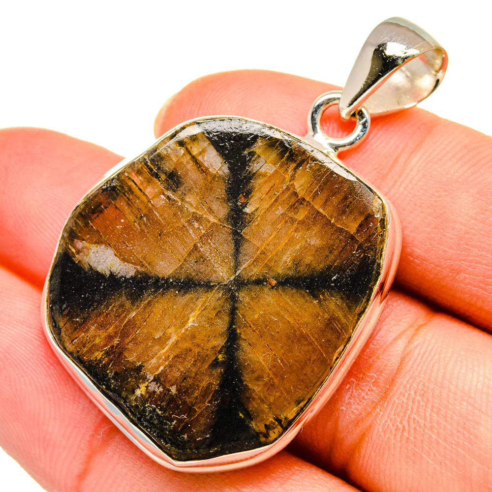 Heart-shaped pendant close-up with gold-and-black chiastolite stone in silver frame