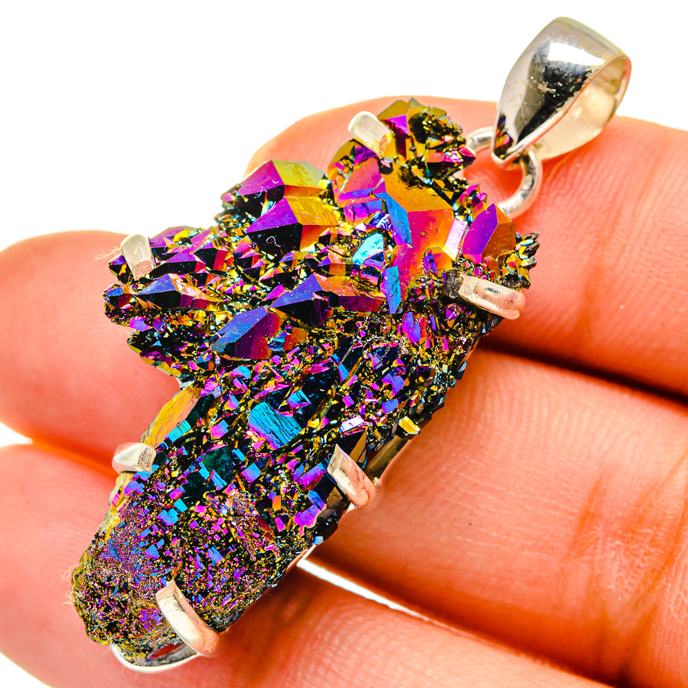 Rainbow druzy pendant with silver bail and prong-set glittery stone
