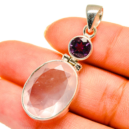 Oval rose quartz and round amethyst pendant with polished metal bail